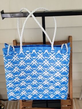 Woven Blue and White Tote Bag with Rope Handles
